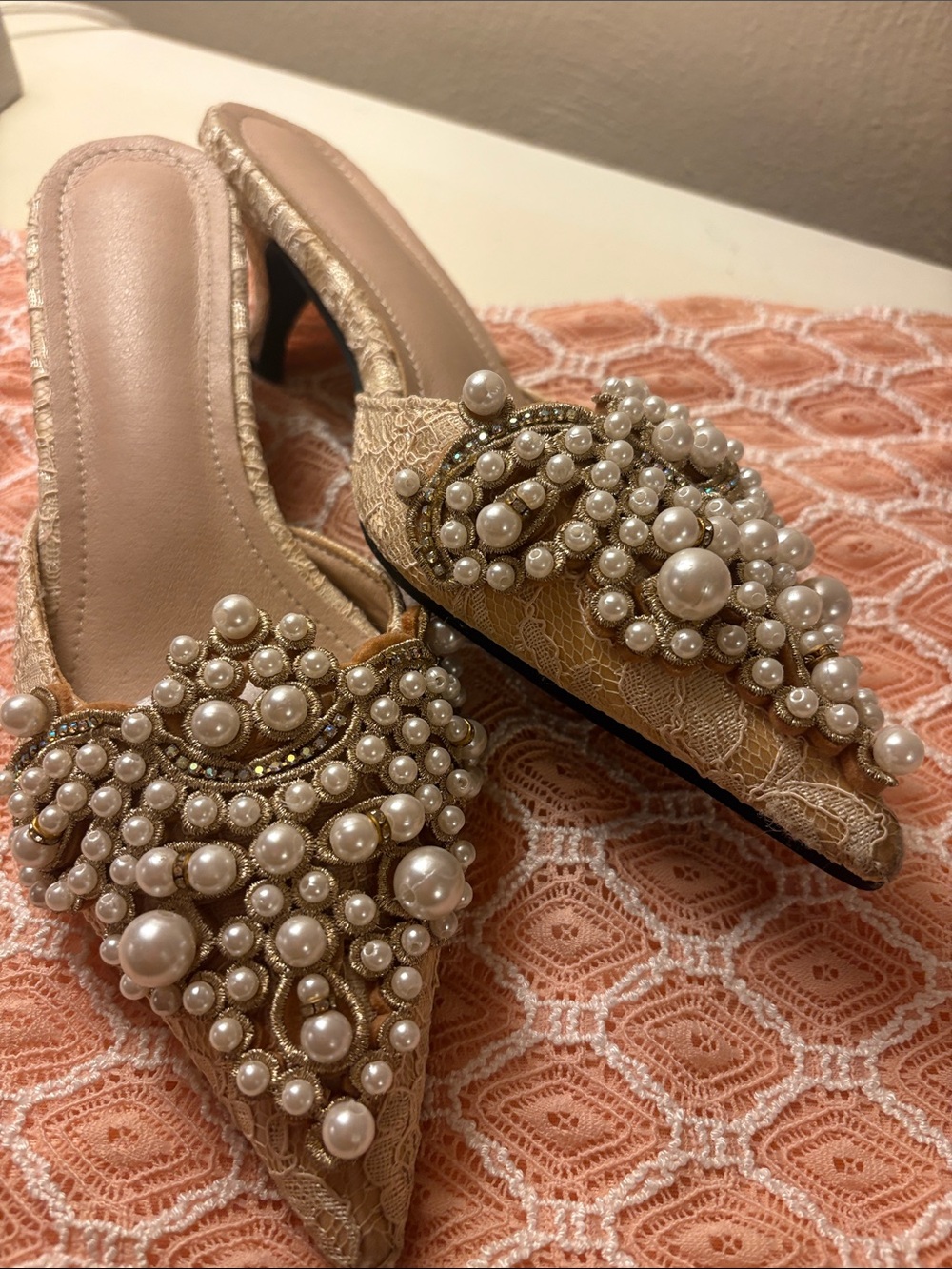 Embellished Pearl Lace Pointed Mules - Beige WEDDING